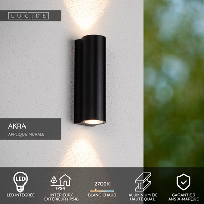 Lucide AKRA - Applique murale Intérieur/Extérieur - LED - 2x6,5W 2700K - IP54 - Noir